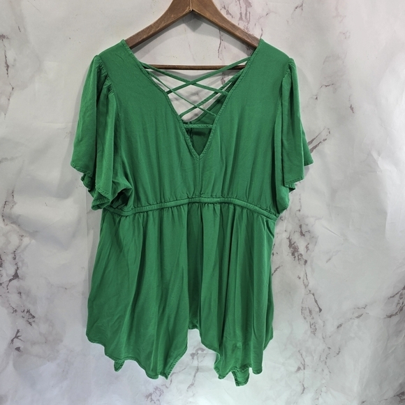 Torrid Shirt Womens 2 Kelly Green Flutter Criss Cross Strappy Babydoll Sharkbite - Picture 5 of 12